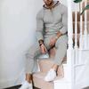 Mens Casual Two-Piece Set Hooded Long Sleeve Top Pants Solid Waffle Knit Lightweight Everyday Wear