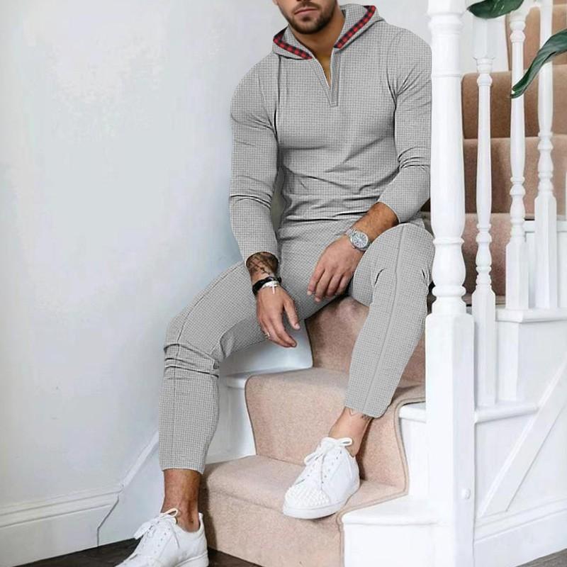 Mens Casual Two-Piece Set Hooded Long Sleeve Top Pants Solid Waffle Knit Lightweight Everyday Wear