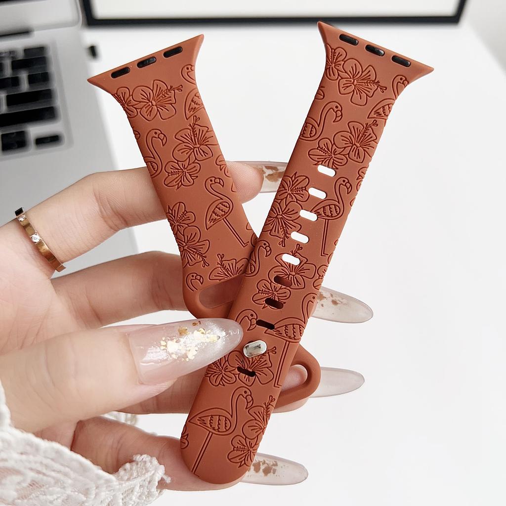 Силиконовый резной цветок фламинго, подходящий для часов Apple Watch, ремешок Apple Watch для iWatch, спортивный рельефный ремешок