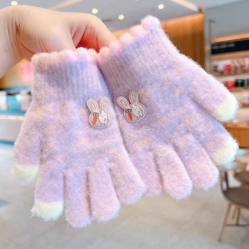 Autumn and winter children's gloves piled and thickened knitted to keep warm, winter fingers cute cartoon baby outdoor play hand guard