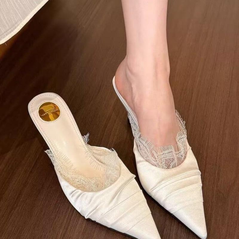 Spring New Baotou Slippers Women Pointy Folds Lace Shallow Mouth Slip-on Anti-slip Wear-resistant High Heels