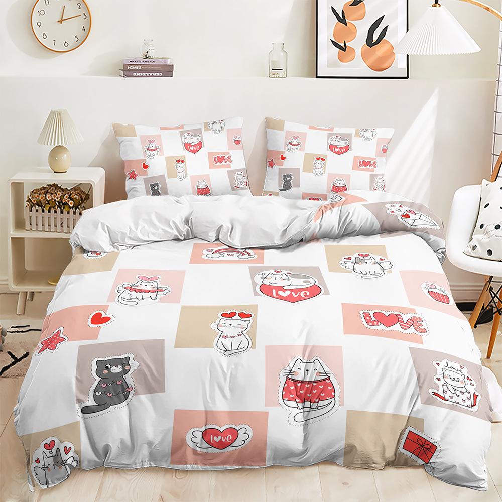 Three-Piece Small Animal Illustration Cat Hedgehog Quilt Set Two-Piece Bedding Set