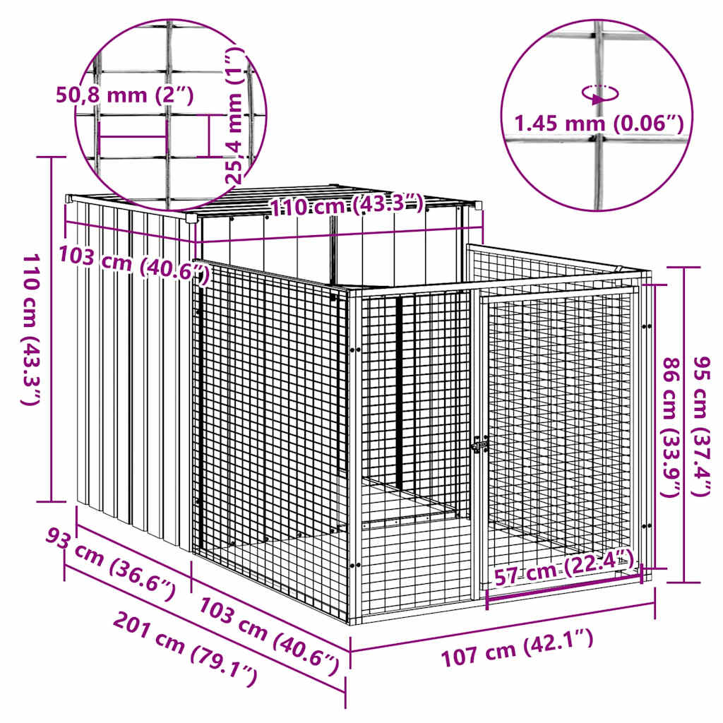Dog Kennel with Run Light Grey 110 x 201 x 110 cm Galvanized Steel