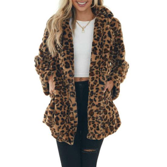 Fall Winter Women Coat Thick Plush Leopard Print Lapel Long Sleeve Windproof Cold-proof Mid Length Pockets Cardigan Lady Loose Overcoat