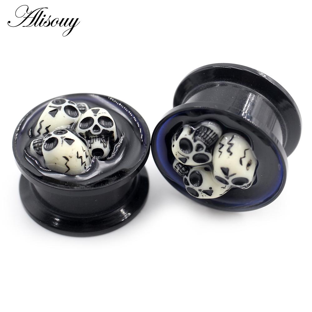 Alisouy 2pc Acrylic Punk Skull Skeleton Round Thread Ear Gauges Tunnels Plugs Expander Stretcher Earring Piercing Body Jewelry