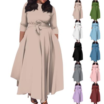 Женское повседневное модное однотонное свободное платье большого размера с круглым вырезом и рукавами три четверти на карманных бретелях