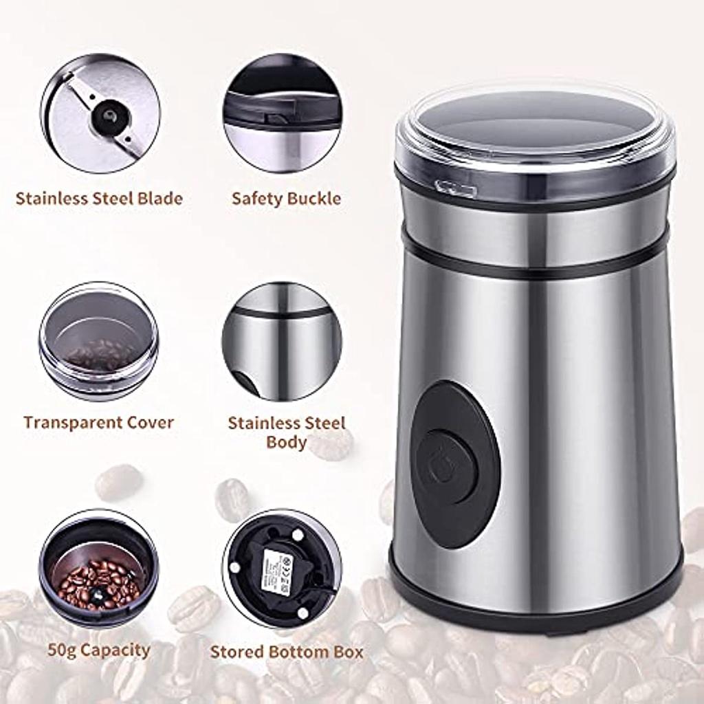 Электрическая кофемолка с лезвиями из нержавеющей стали, мельница для специй, емкость 50 г для кофейных зерен, сухофруктов, семян, 200 Вт