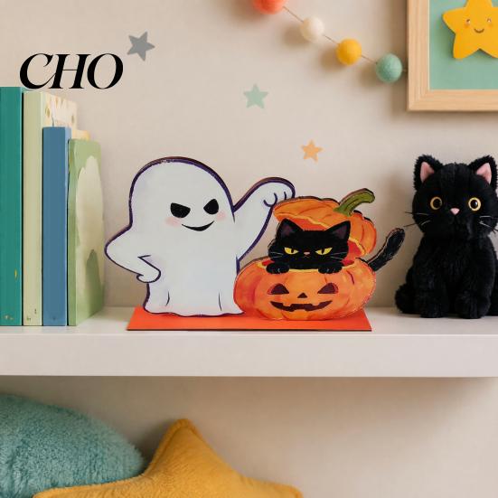 Vintage Style Holiday Decor Halloween Wooden Ghost And Pumpkin Black Cat Ornaments, Retro Ornaments Cartoon Tabletop Centerpiece Decorations for Home