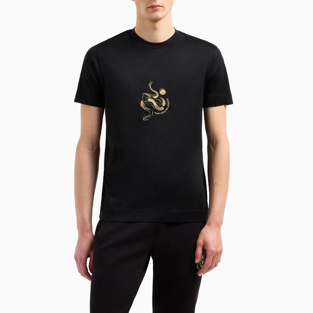 Emporio Armani SS25 Год Змеи Ограниченная серия Вышивка змеи Облегающая футболка с коротким рукавом с круглым вырезом Мужская одежда Черный EM001702-AF10017-UC001