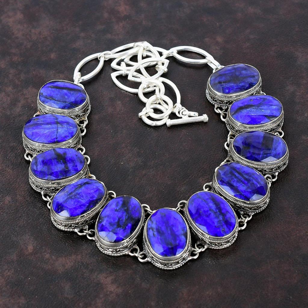 Faceted Blue Sapphire Gemstone Necklace Handmade Vintage Necklace 925 Sterling Silver Necklace Adjustable Chain Necklace Gift For Engagement