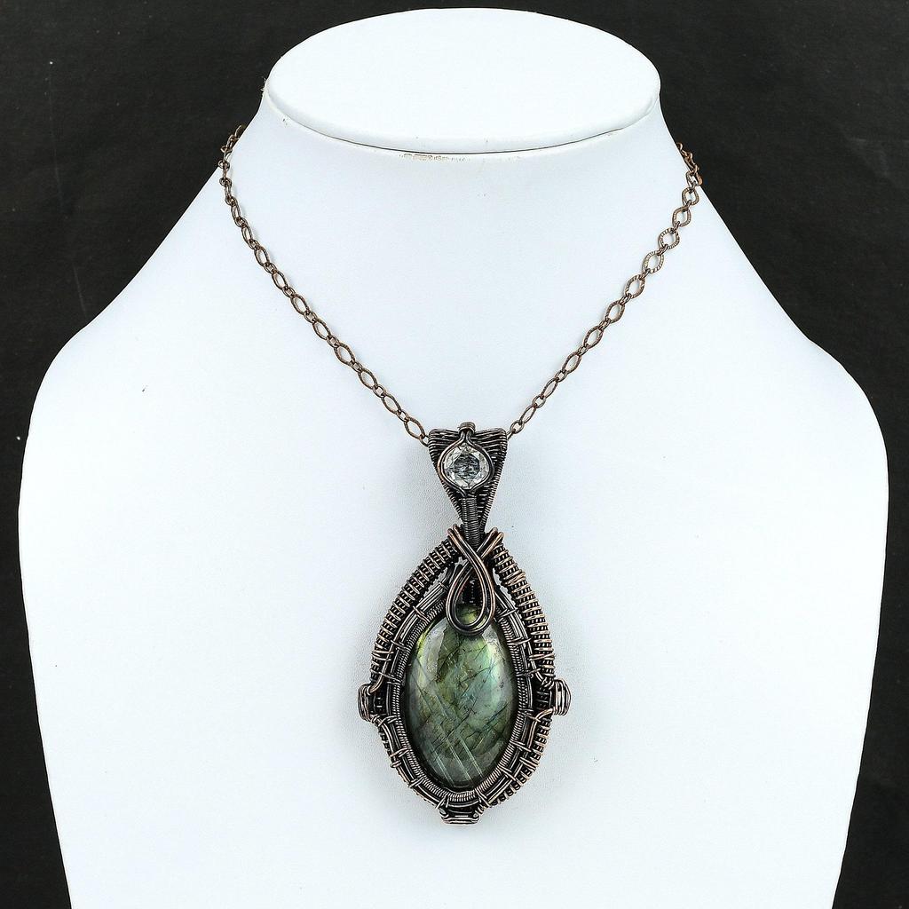 Кулон из лабрадорита, обернутый медной проволокой, Кулон ручной работы, Кулон с белым топазом, Украшение из медной проволоки, Подарок для нее, для мамы