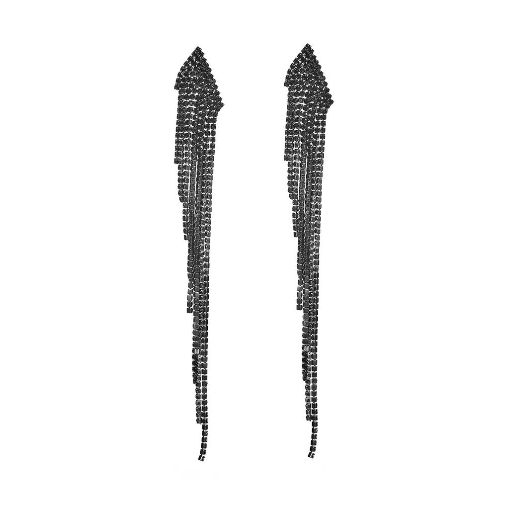 Black Rhinestone Electrophoresis Tassel Long Earrings Temperament Luxury Shiny Earrings Female Earrings Jewelry 1 Pair