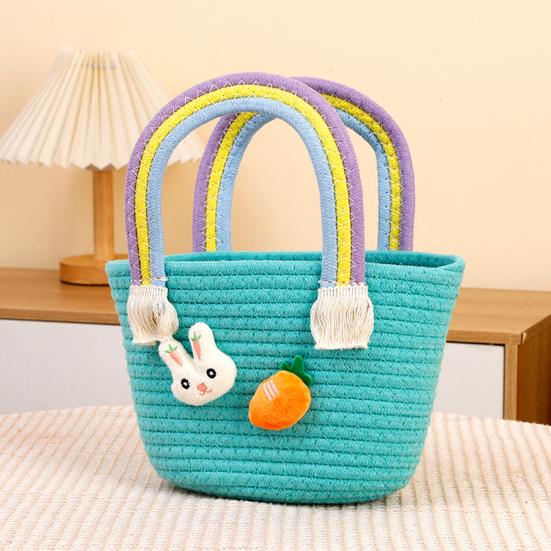 Easter Woven Basket with Handle Cotton Woven Bunny Egg Hunt Basket with Rabbit And Carrot Empty Easter Treat Bag for Gifts Candy