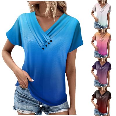 Женская модная повседневная футболка с v-образным вырезом и коротким рукавом, плиссированная рубашка на пуговицах с принтом