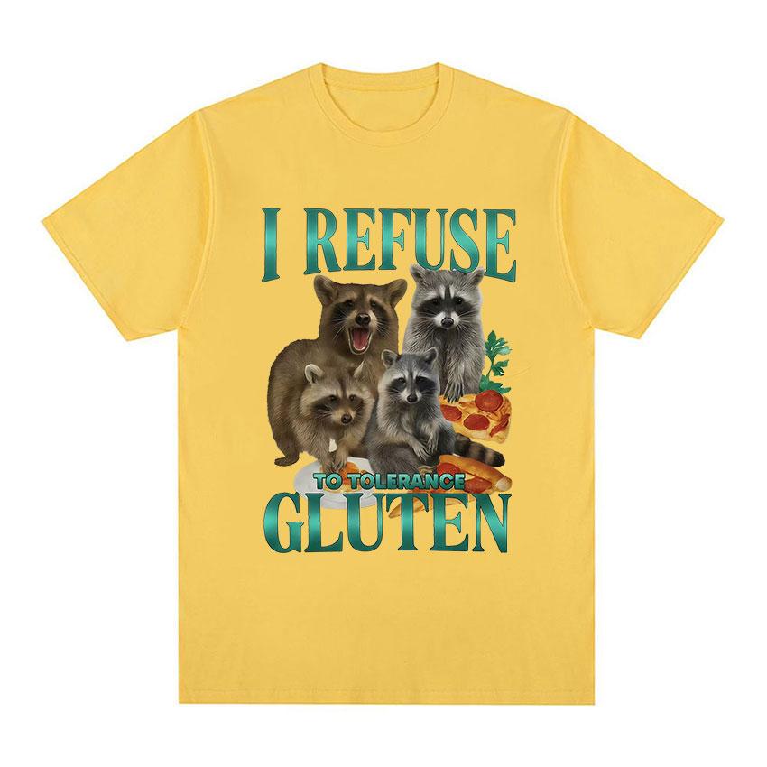 I Refuse To Tolerance Gluten TShirt Funny Raccoon Gluten Free Retro Meme Graphic T Shirt Unisex Women Cute Style Short Sleeve Tees