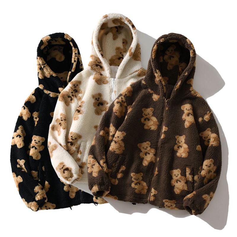 New Cartoon Thick Pattern Bear Print Women Winter Korean Large Size Long Sleeve Hooded Coat Warm Couple Streetwear