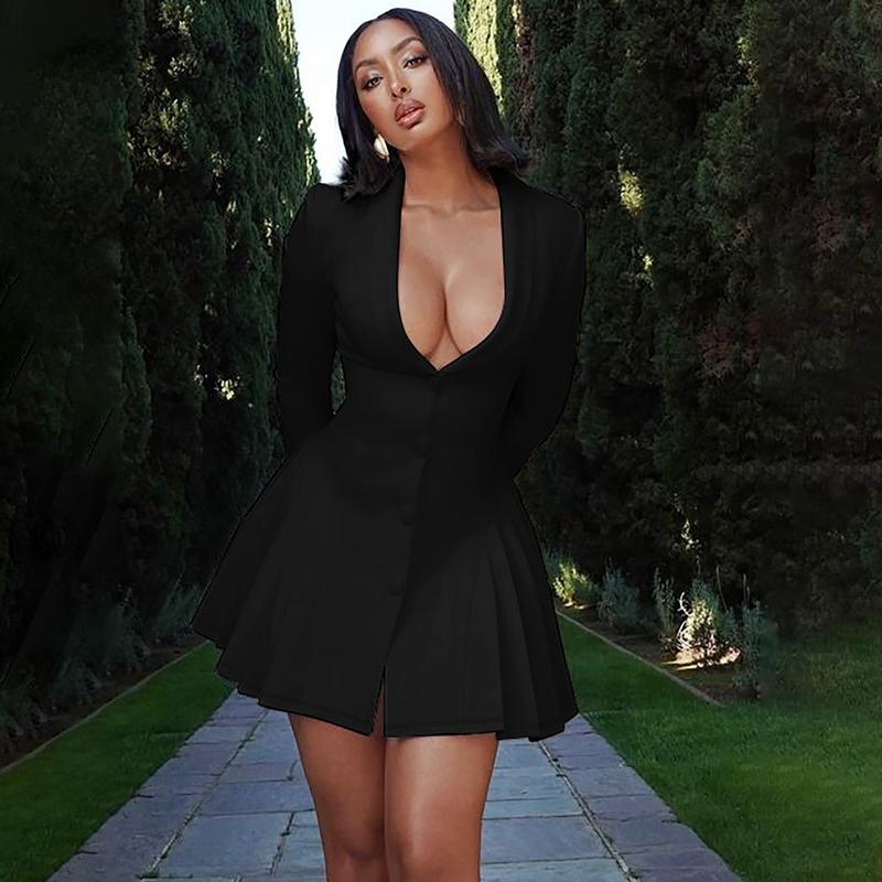 Women Elegant White Single-breasted Pleated Mini Dress Fashion Deep V-neck Long Sleeved A-line Dressses Lady Streetwear