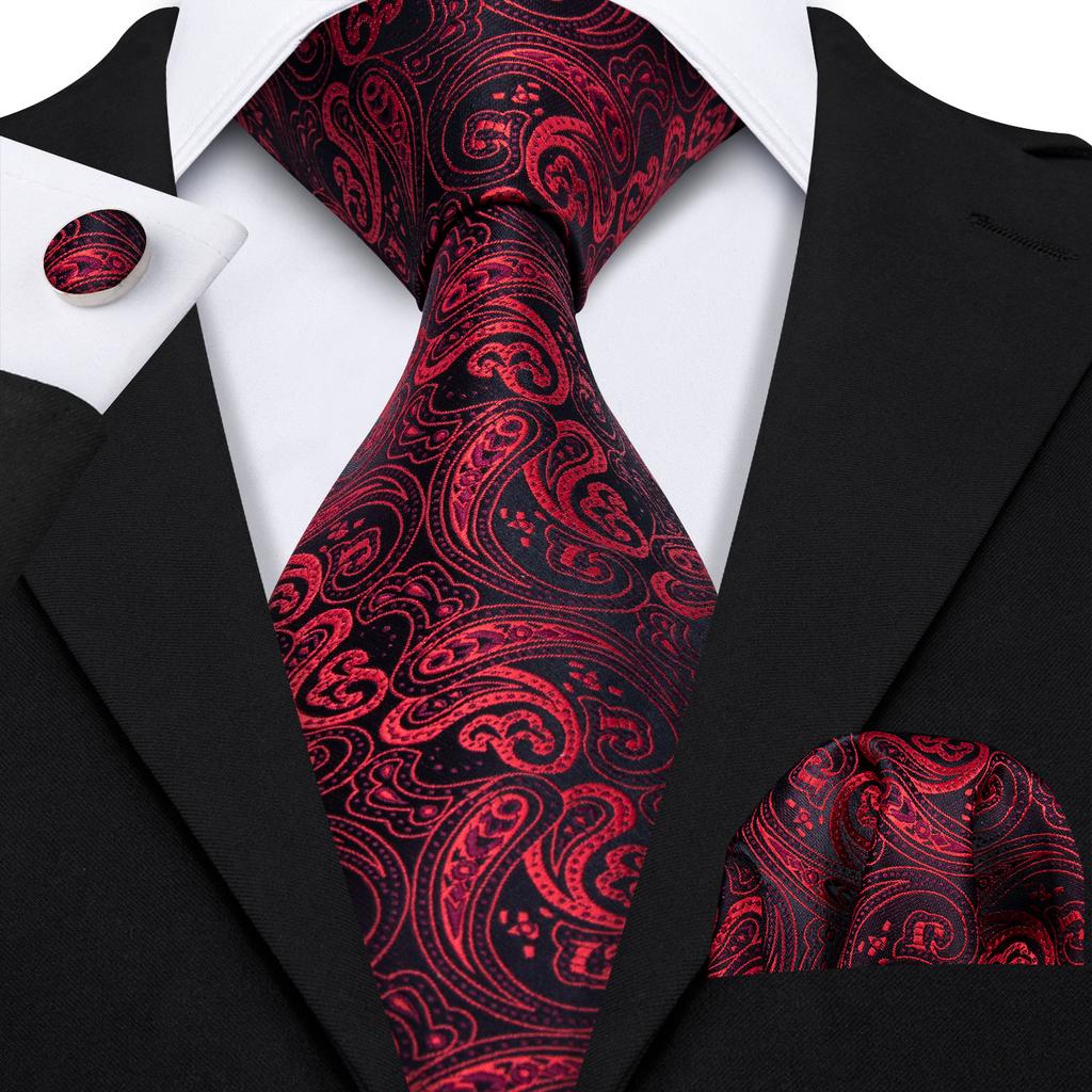 Hi-Tie Fashion Mens Wine-Red Paisley Necktie Hanky Cufflinks for Business Wedding