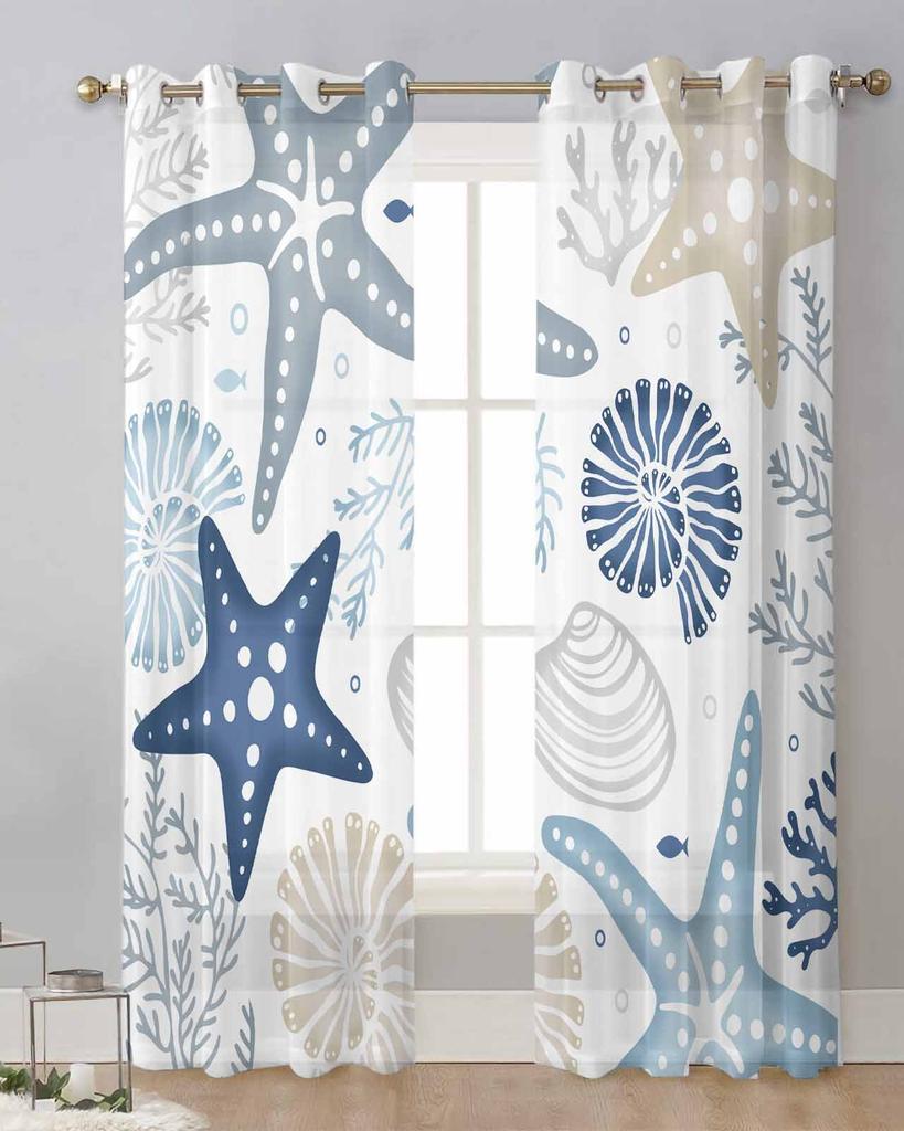 Marine Organisms Corals Starfish Shells Sheer Curtains for Living Room Decoration Window Curtains Kitchen Tulle Voile Curtains