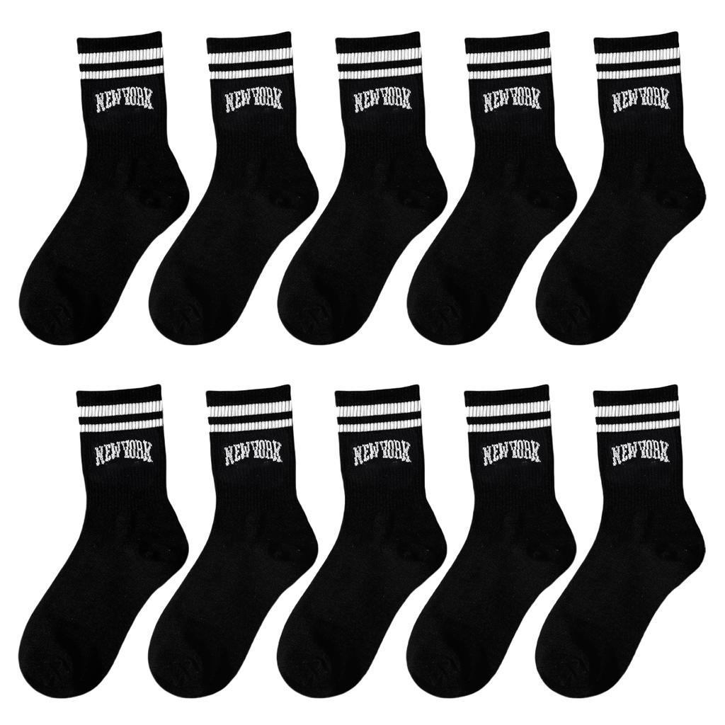 3/5/10 Pairs Women's Crew Socks, Black with "New York" Lettering and Stripes, Comfortable, Breathable, Moisture-Wicking, College