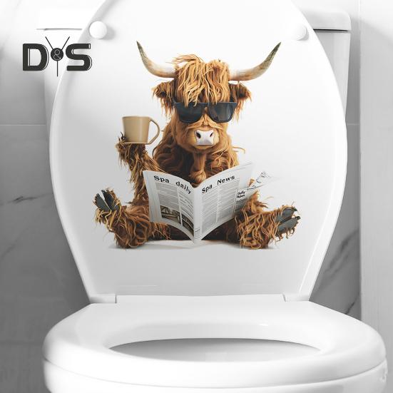 Чтение газет Як стикер для унитаза Съемный самоклеящийся водонепроницаемый ПВХ Гостиная Ванная комната Стена Искусство Корова Крышка унитаза Украшение Наклейка