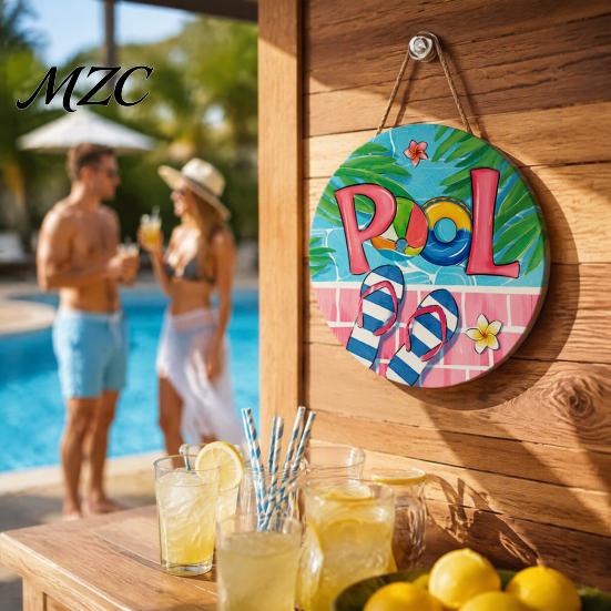 Wooden Hanging Sign Summer Pool Sign, Weather Resistant Solid Wood Plaque with Party Gift Hemp Rope for Outdoor Beach And Swimming Decoration