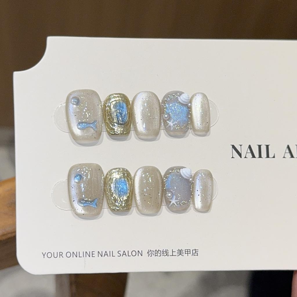 Ocean wind small fish bubble cat eye shell summer short hand-worn nail handmade manicure fake nail