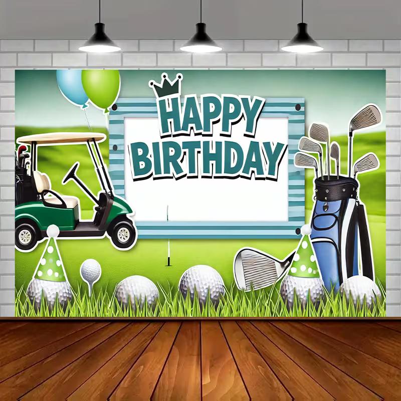 2D Golf Cart Club Ball Happy Birthday Backdrop Green Grass Sports Photo Background Banner