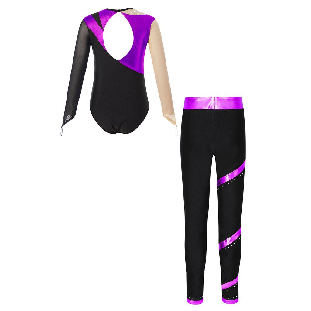 Girls Sparkle Rhinestone Performance Set Cutout Back Long Sleeve Leotard Elastic Waist Pants Dance Outfit