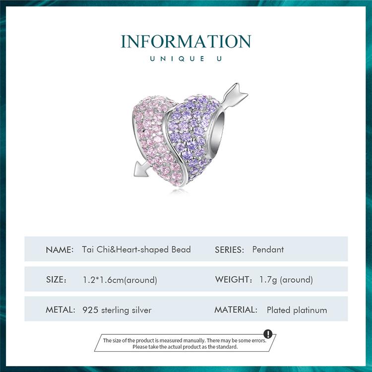 BAMOER Стерлинговое серебро 925 пробы со сверкающими фиолетовыми и розовыми цирконами Тай Чи и подвесками в форме сердца из бисера, ювелирные украшения