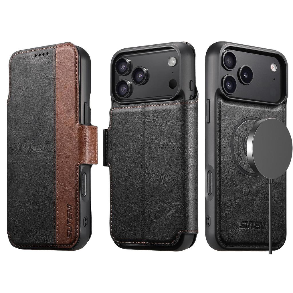 Магнитный кожаный чехол-книжка для iPhone 17 Pro Max и Samsung S25U с беспроводной зарядкой