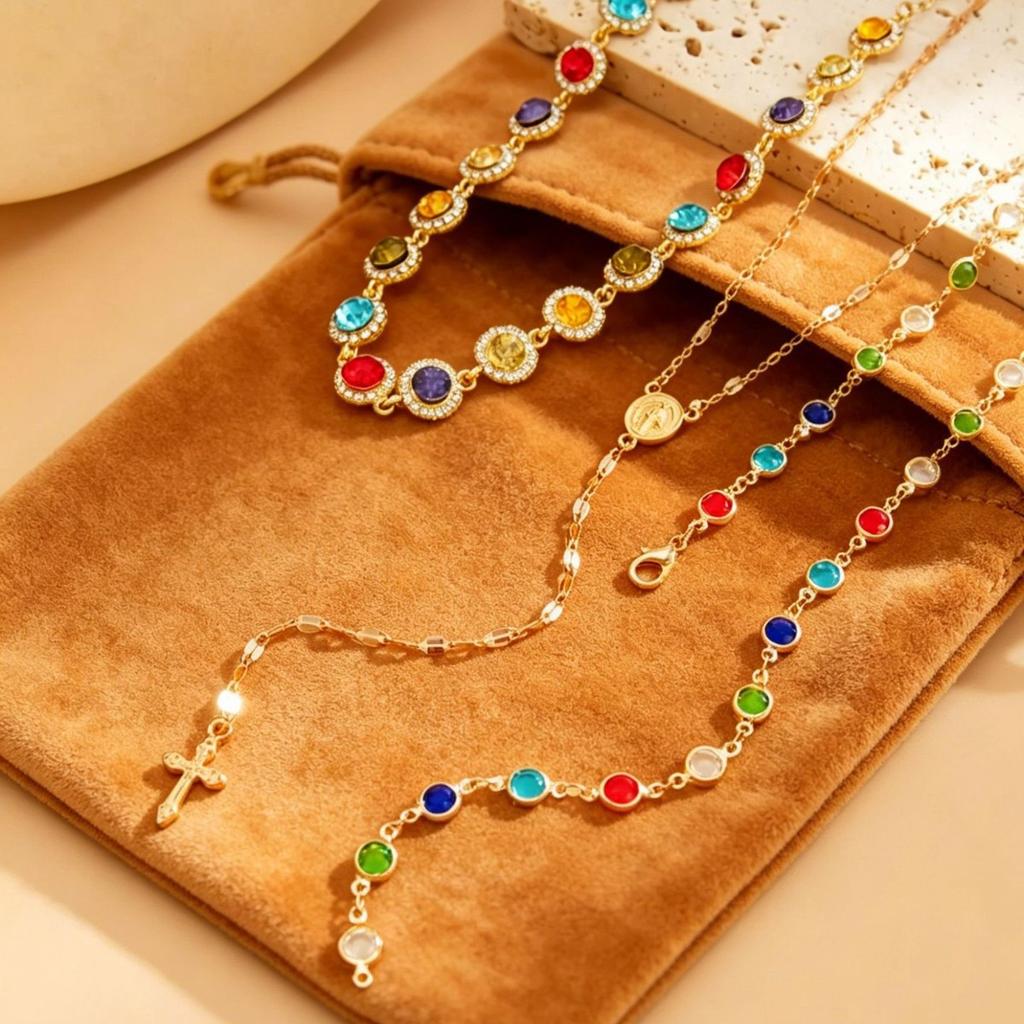 Gold Plated Colorful Zircon Layered Necklace, Vintage Cross Pendant Multilayer Choker Jewelry for Women