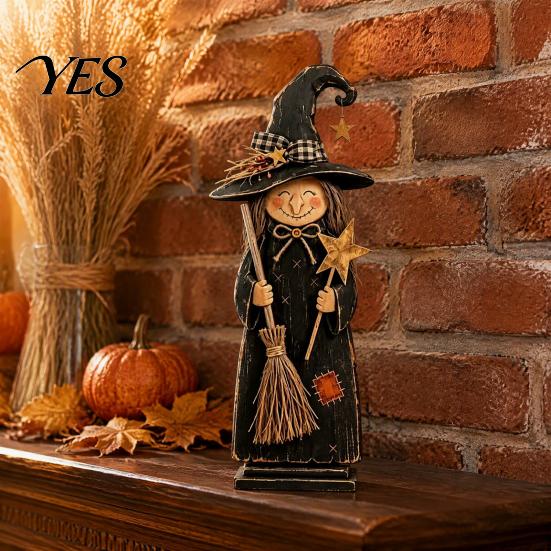 Solid Wood Halloween Crafts Vintage Wooden Witch Figurine, Statues with Ornaments Broom Pumpkin Black Cat, Fall Farmhouse Tabletop Decorations