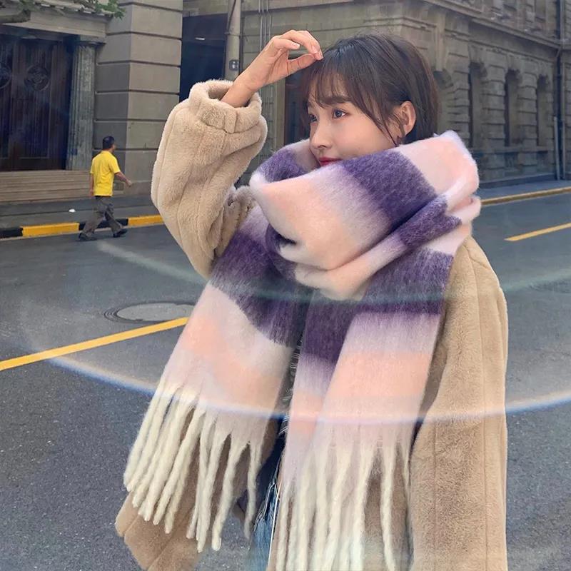 Winter Imitation Cashmere Scarf Korean Fashion Fringed Plaid Scarf Women's Dual-use Lengthened Thick Shawl Scarf