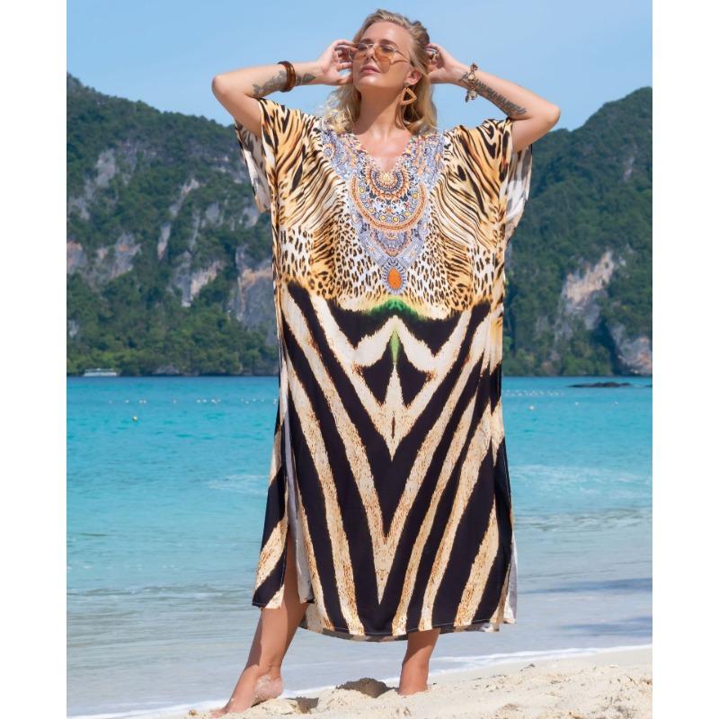 Женская мода лето весна леопардовый принт рукава 1/2 V-образный вырез свободная талия повседневные платья