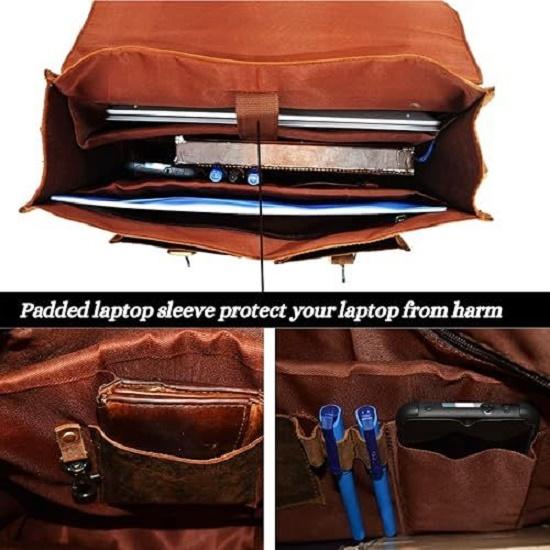 New Mens Messenger 16 Inch Vintage Genuine Leather Briefcase Large Computer Laptop Satchel Shoulder Bag, Brown
