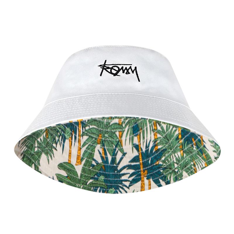 Korean Letters Embroidery Bucket Hat For Women Men Summer Coconut Trees Print Double-Sided Fisherman Cap Wide Brim Sunshade Hats