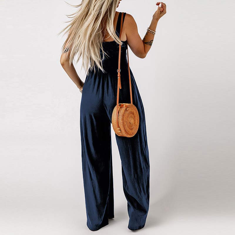 Women's Basic Simple High Waisted Knit Strapless Wide Leg Pants Pure Black One-piece Pants