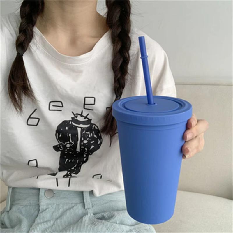 Candy Color Double-layer Plastic Straw Cup Coffee Cup Plastic Frosted Handy Water Cup Easy To Carry Straw Kettle Sports Bottle