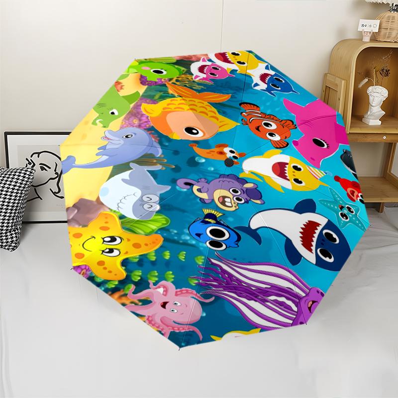 B-Baby Shark Print Automatic Umbrella, 8 Rib Iron Frame, Plastic Handle, Suitable for Outdoor Travel &Daily , Ideal Gift