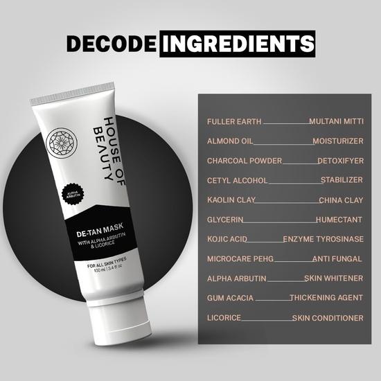 HOUSE OF BEAUTY De Tan Mask с фуллеровой землей и альфа-арбутином уменьшает белые точки, темные пятна и пигментацию, обеспечивает сияющую кожу (100 мл)