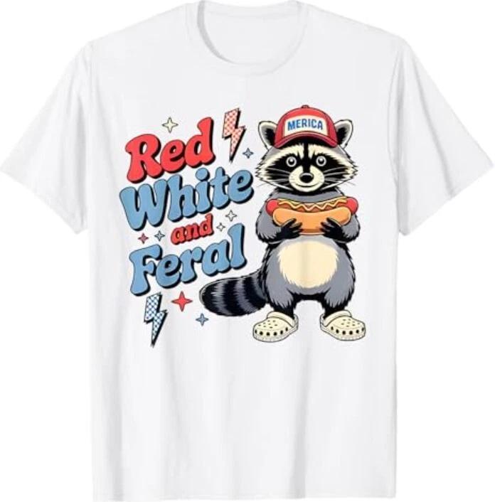 Red White And Feral Funny Raccoon 4th Of July Boys Girls T-Shirt