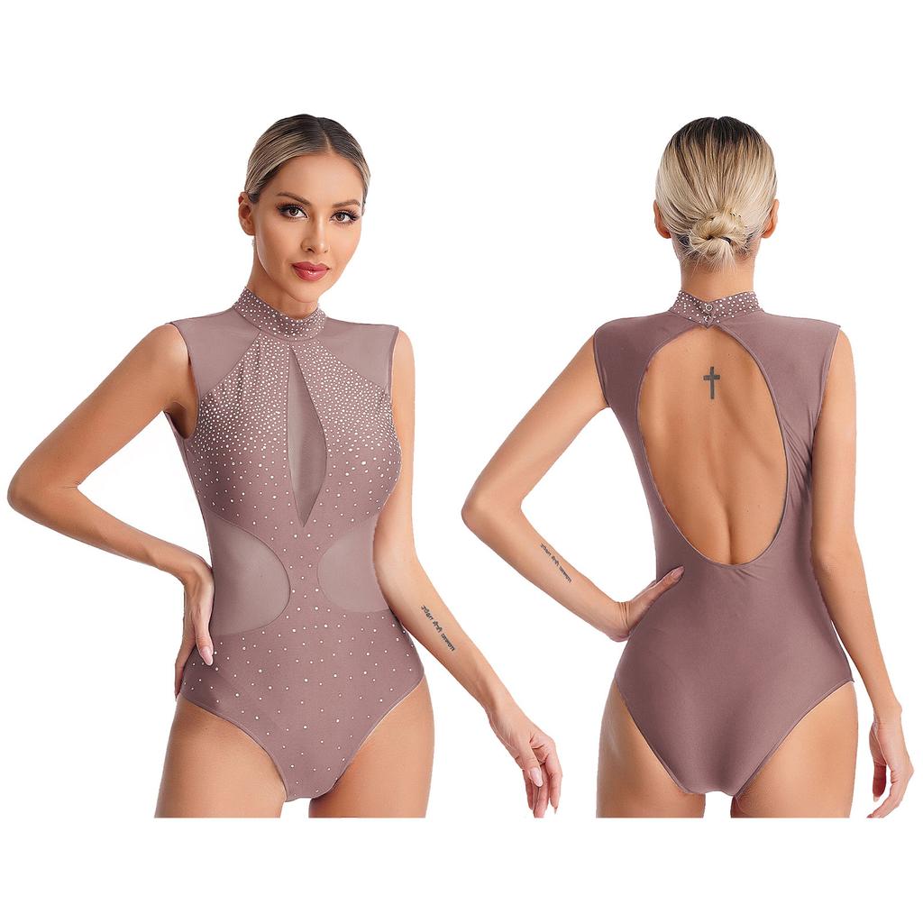 Womens Figure Skating Dance Leotard Sparkly Rhinestones Sheer Mesh Patchwork Sleeveless Cutout Back Bodysuit for Gymnastics