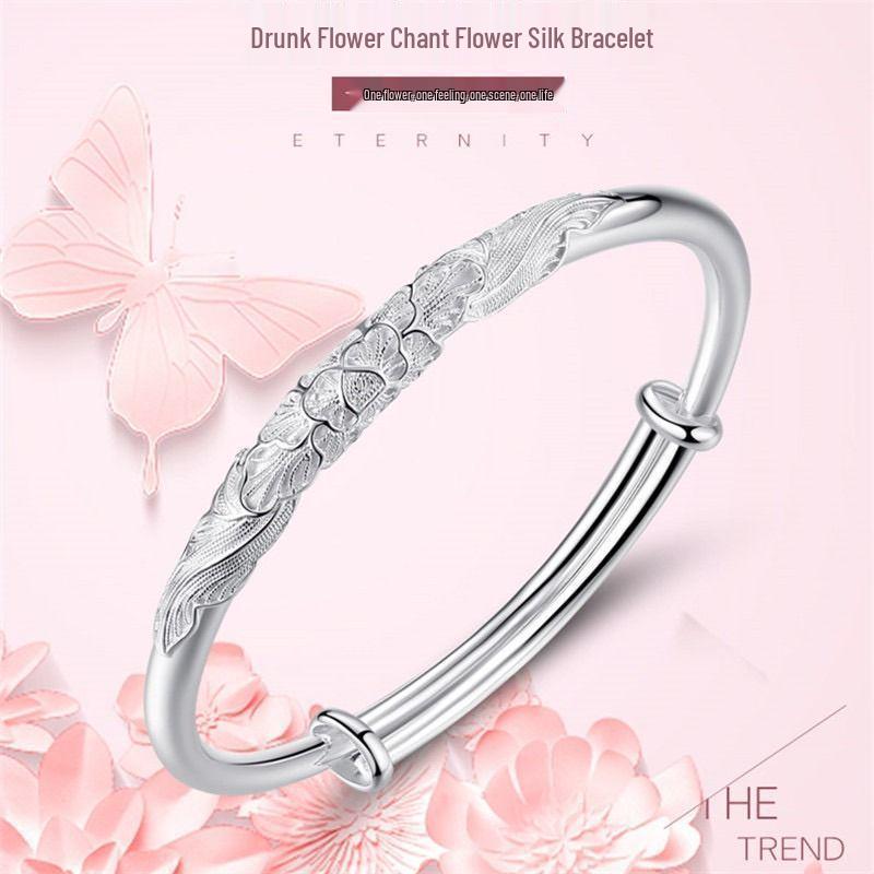 999.9 Pure Silver Bangle - Women's Sterling Silver Bracelet, Qixi Valentine's Day Gift for Wife or Girlfriend