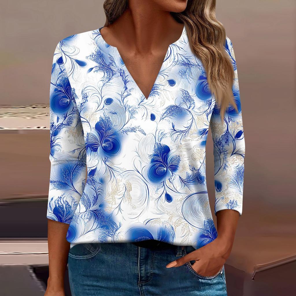 Женская футболка Футболка с принтом Рукав 3/4 Повседневные Выходные Мода Базовый V-образный вырез Обычный топ