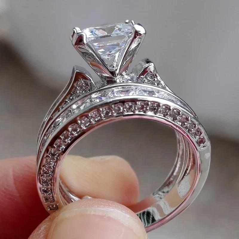 2Pcs/set Fashion Bridal Set Elegant Rings for Women Wedding Engagement Jewelry With Full Shiny Crystal Zircon Female Ring