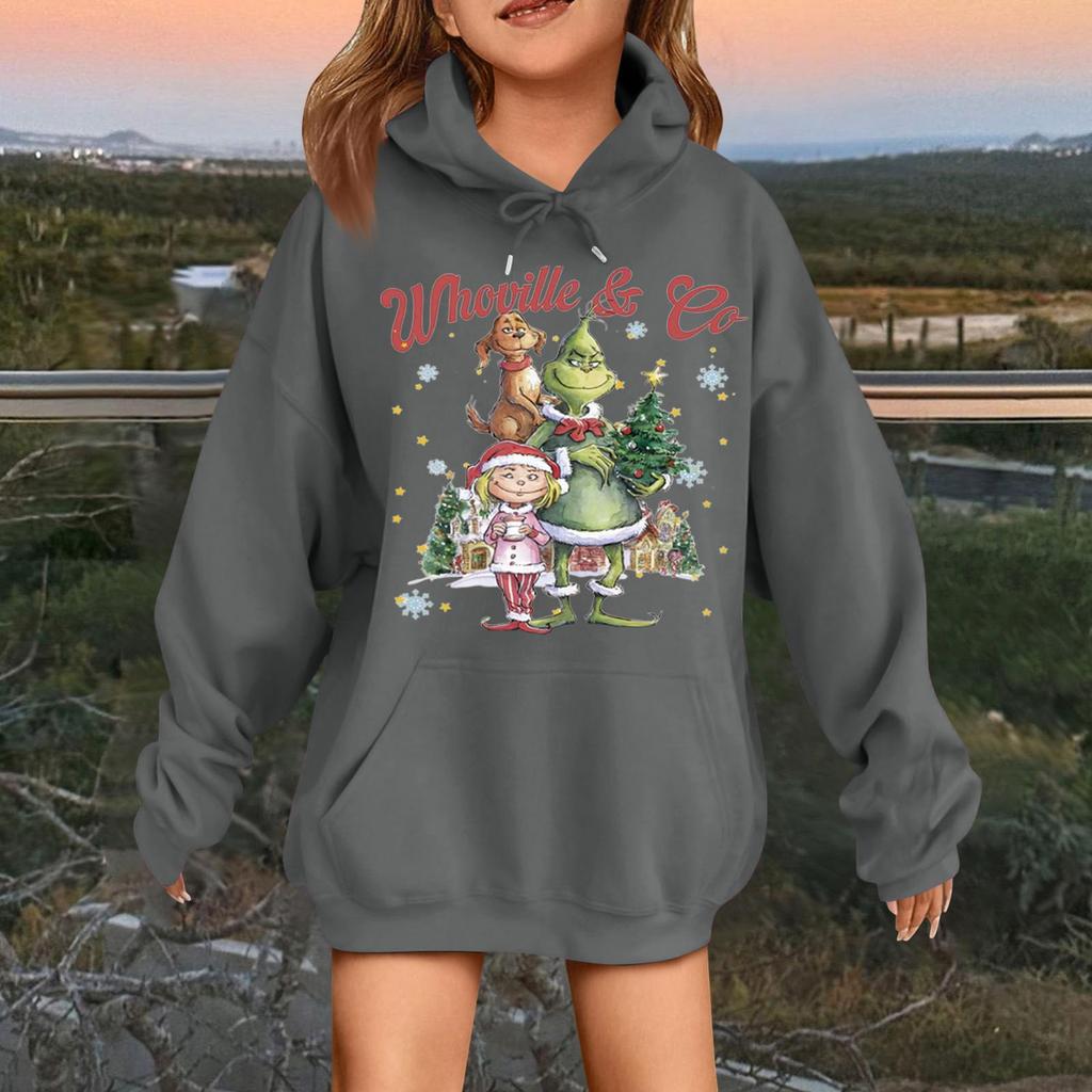 Детская модная повседневная толстовка с капюшоном свободного кроя с длинными рукавами и рождественским принтом