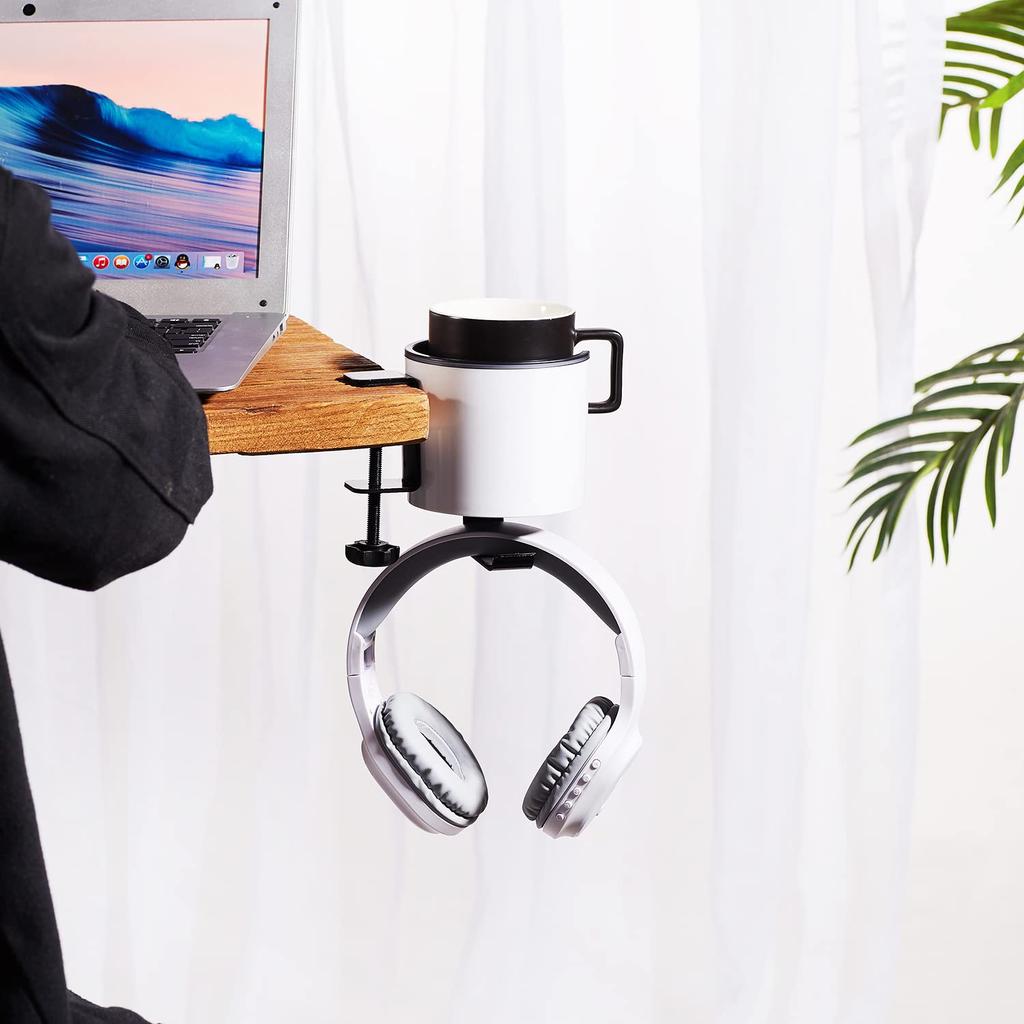 Bitze Luxury 2-in-1 Drink Cup Holder, Desk Cup Holder, Multifunctional Storage Rack for Computer Desks, and Earphone Holder (White)