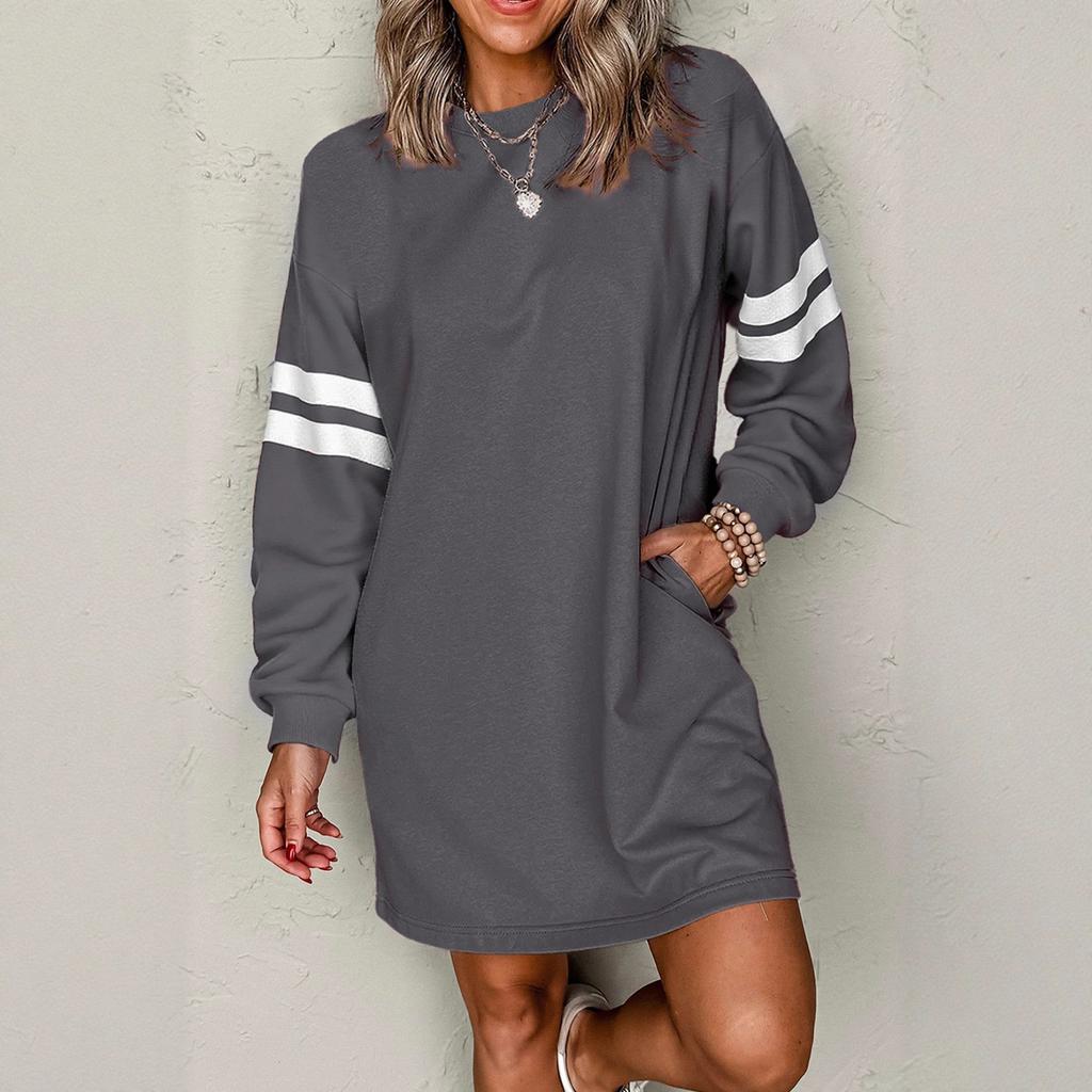 JKASHDK Женская мода Весна Осень Полосатый принт Длинный рукав Круглый вырез Свободная талия Повседневные платья