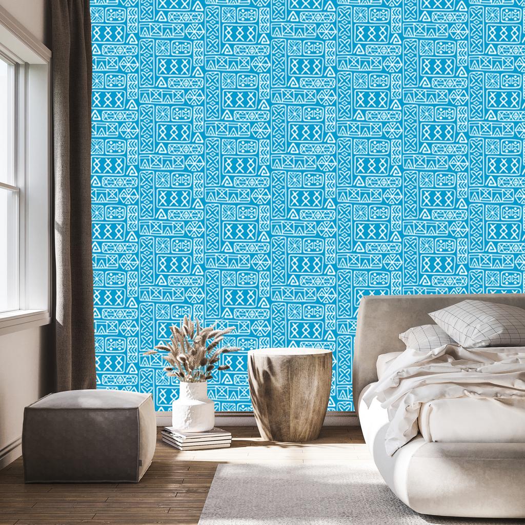 Polynesian Geometric Pattern Wallpaper Turquoise and Celadon 50x1000